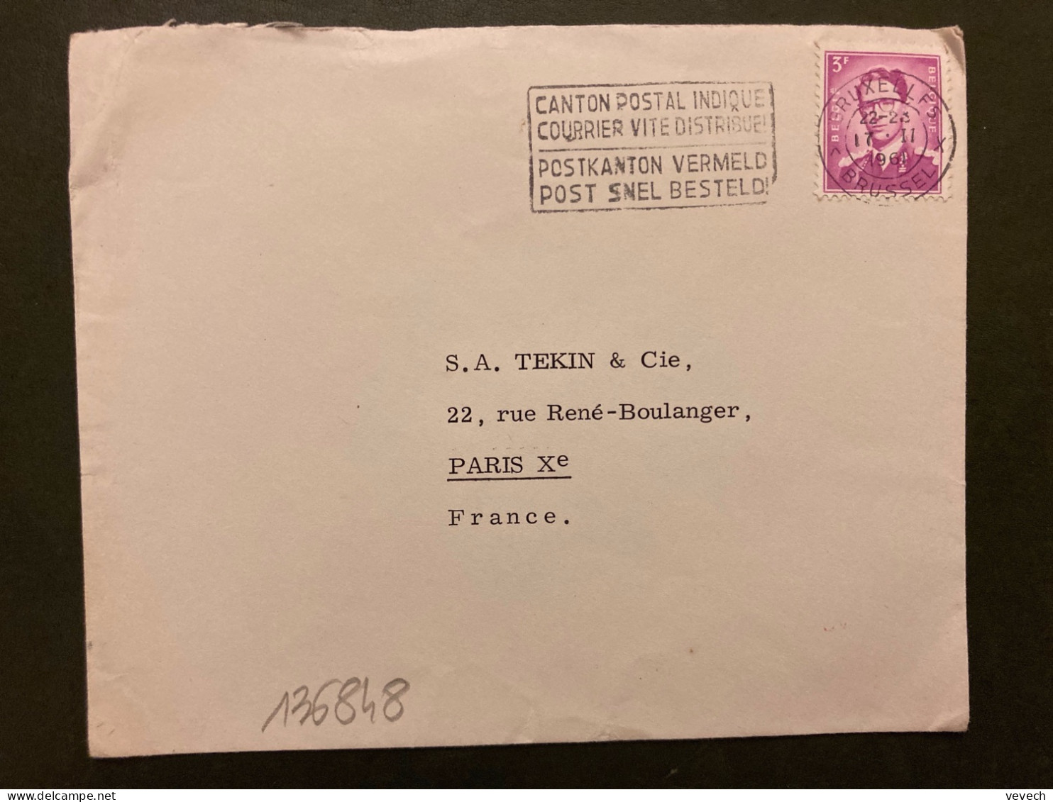 LETTE TP 3F OBL.MEC.17 II 1961 BRUXELLES CANTON POSTAL INDIQUE COURRIER VITE DISTRIBUE - Vlagstempels