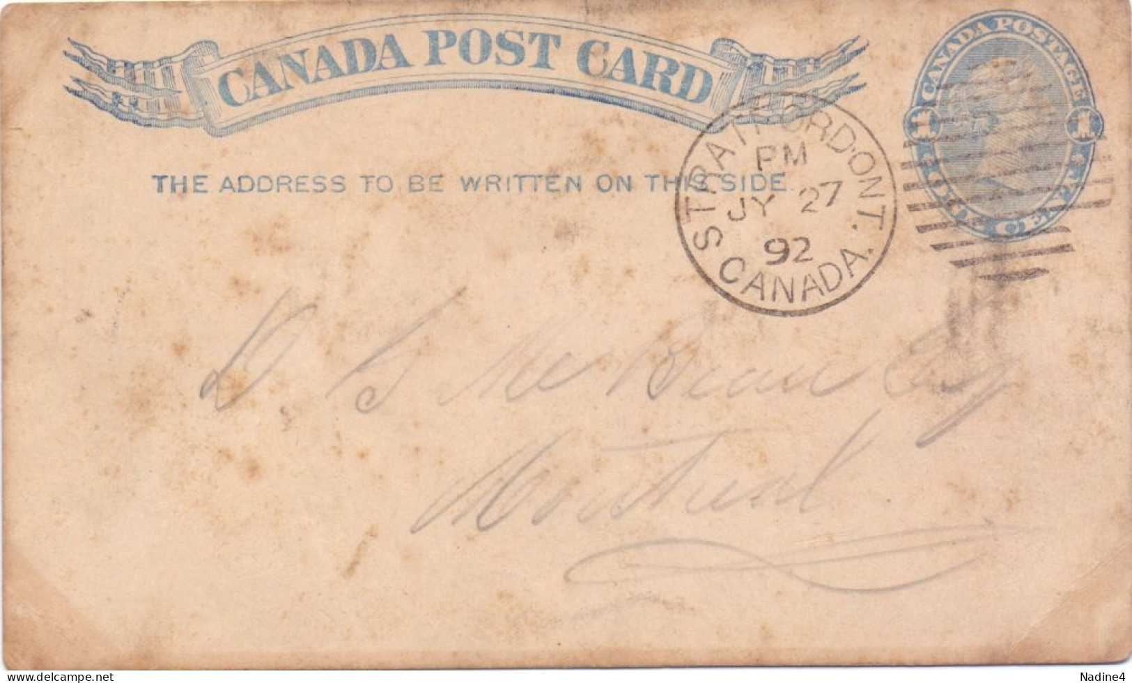 Briefkaart Carte Postale - Canada Stratford On T. - 1892 - 1860-1899 Règne De Victoria