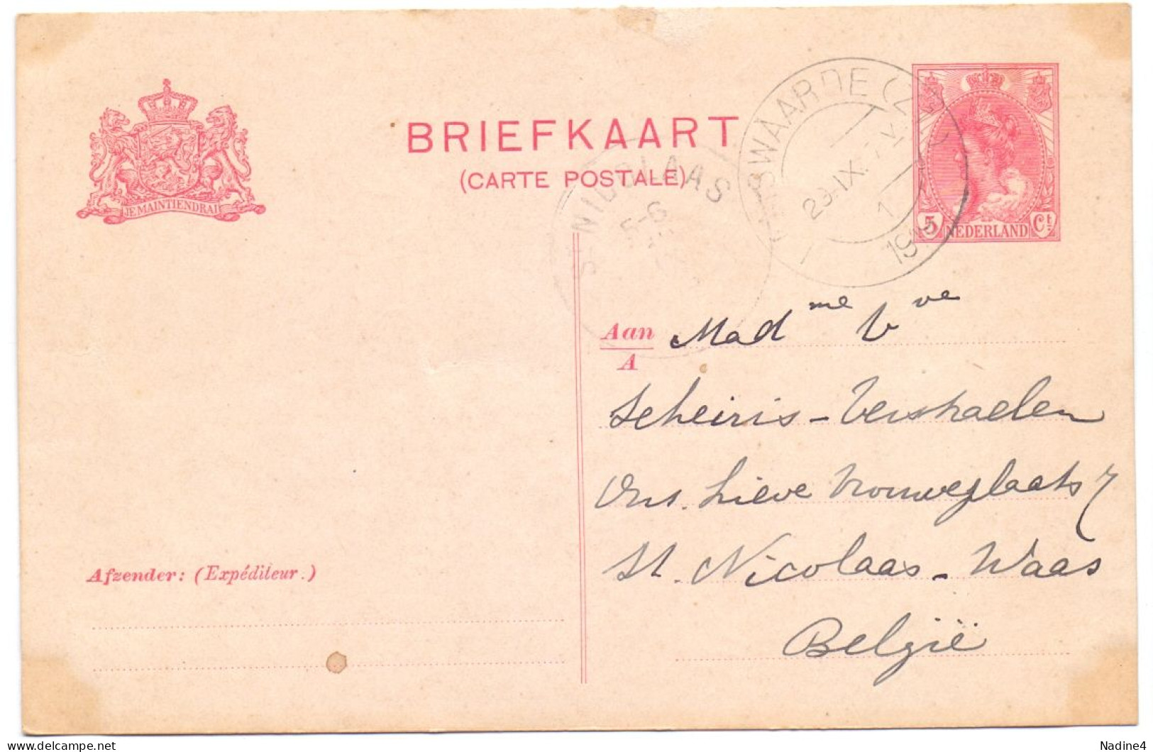 Briefkaart Carte Postale - Nederland Lamswaarde Naar St Niklaas Waas België - 1919 - Autres & Non Classés