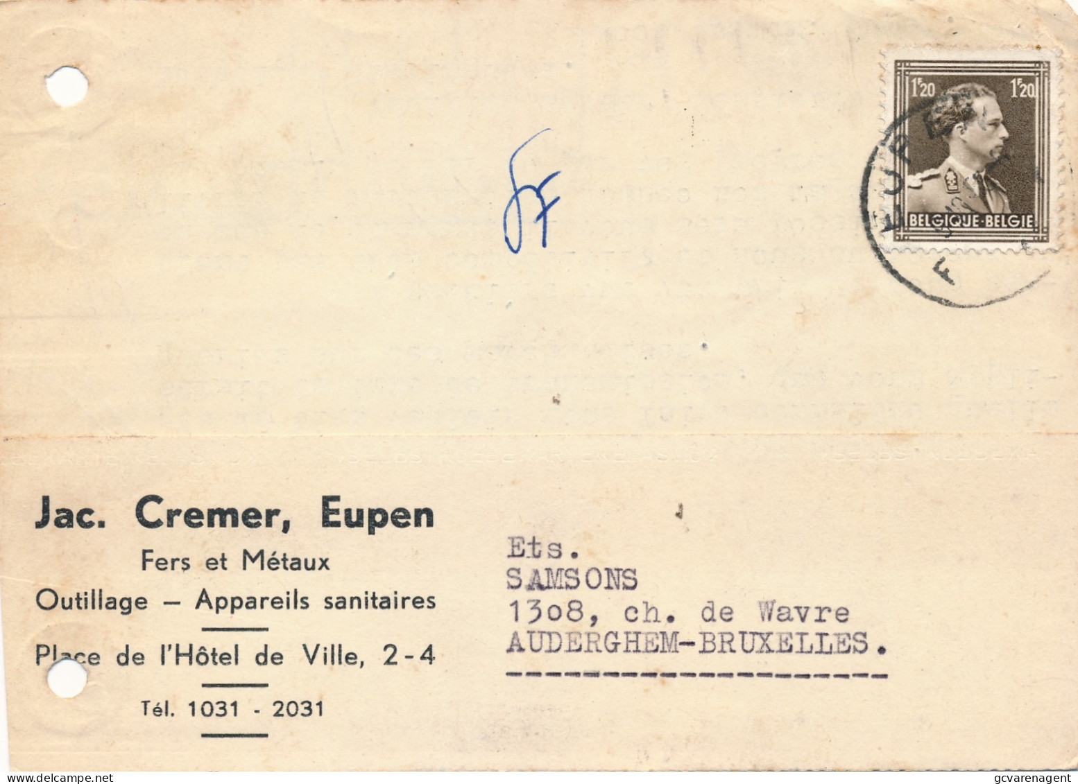 CARTE COMMERCIAL   - JAC.CREMER  EUPEN -  FERS ET MATAUX  OUTILLAGE - PL.HOTEL DE VILLE      2 SCANS - Eupen