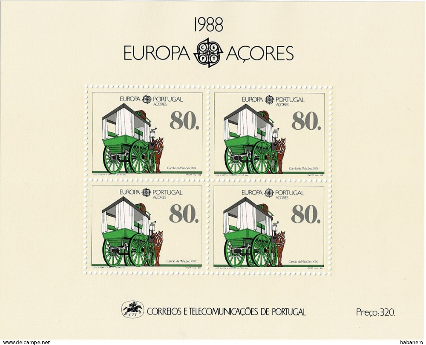 AZORES 1988 Mi BL 9 CEPT EUROPA TRANSPORT COACH MINT MINIATURE SHEET ** - Diligences