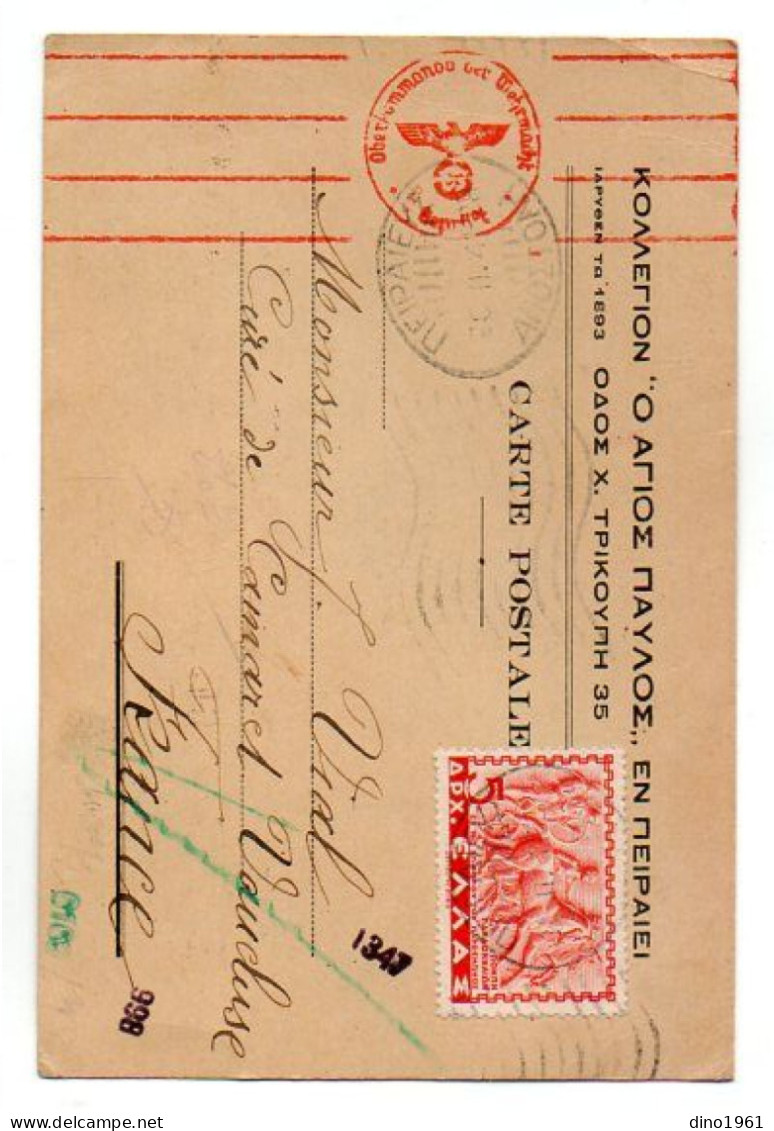 CPA - Guerre 39 / 45 - Carte Postale Avec Cachet Militaire Allemand - LE PIREE Pour M. J.VIAL Curé De CAMARET ( France ) - Lettres & Documents