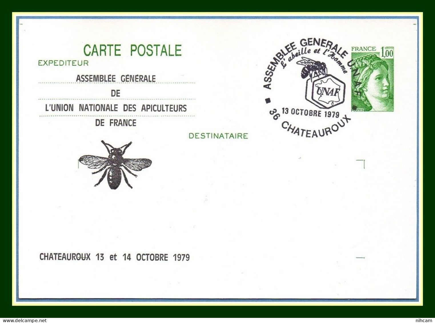 Entier CP Sabine Repiqué Union Nationale Apiculteurs France CHATEAUROUX 1979 ABEILLE BEE - Abeilles