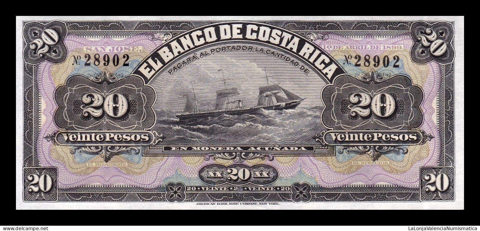 Costa Rica 20 Pesos Ship 1899 Pick S165r Sc Unc - Costa Rica