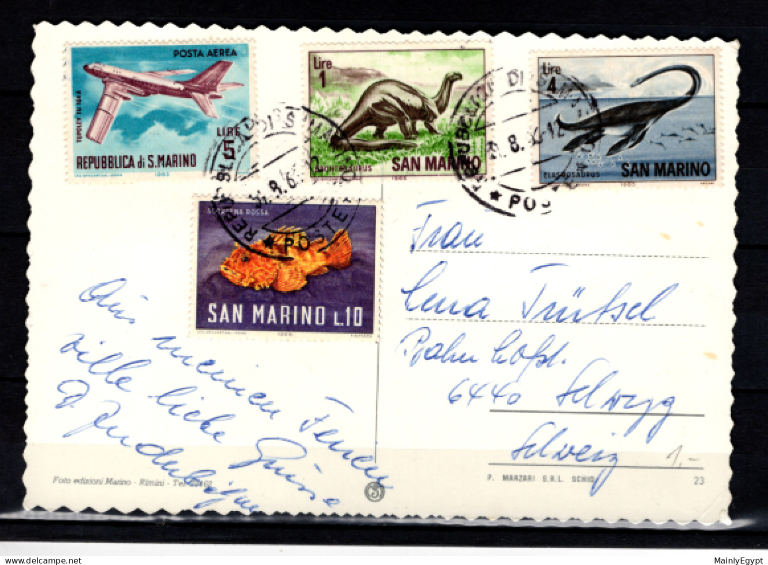 SAN MARINO - 1963 Postcard Stamps With Airplane Dinosaurs Fish (BB059) - Lettres & Documents