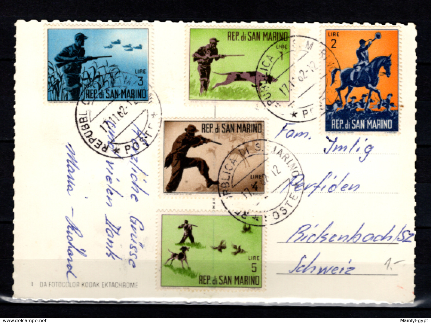 SAN MARINO - 1962 Mi.739-743 - Postcard Hunting Scenes  (BB063) - Storia Postale