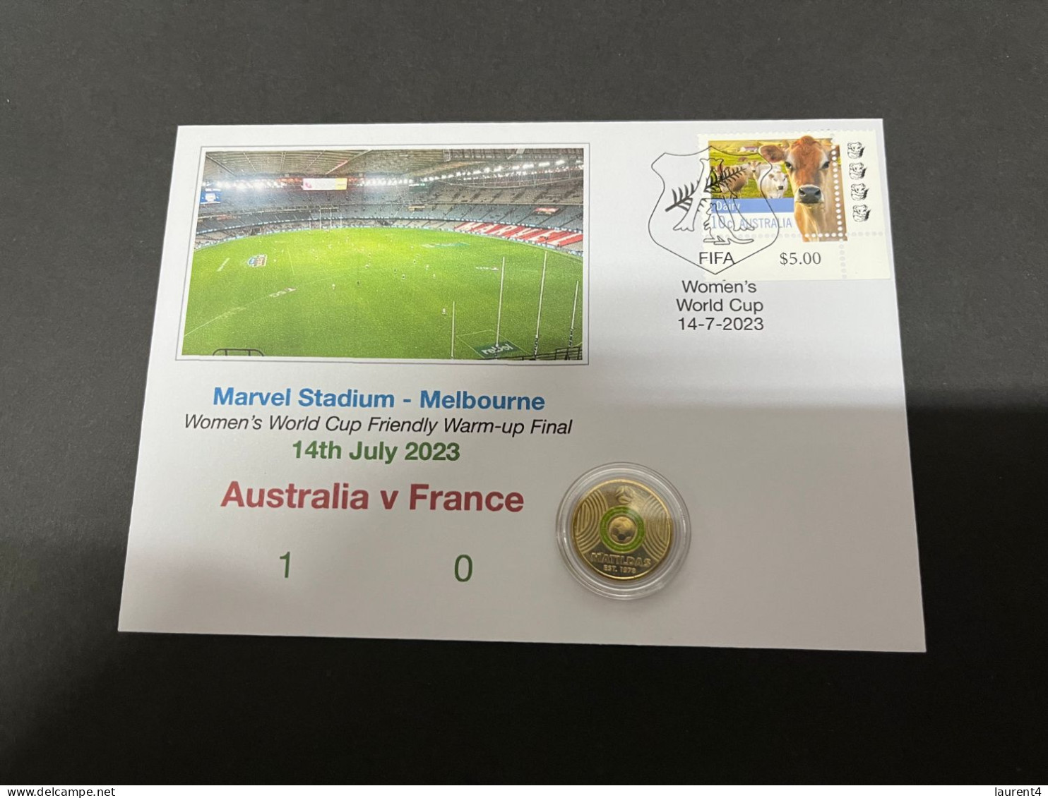 14-7-2023 (2 S 10 A) Women's Football World Cup ($2.00 Colored Coin) FIFA Friendly Final - Australia (1) France (0) - 2 Dollars