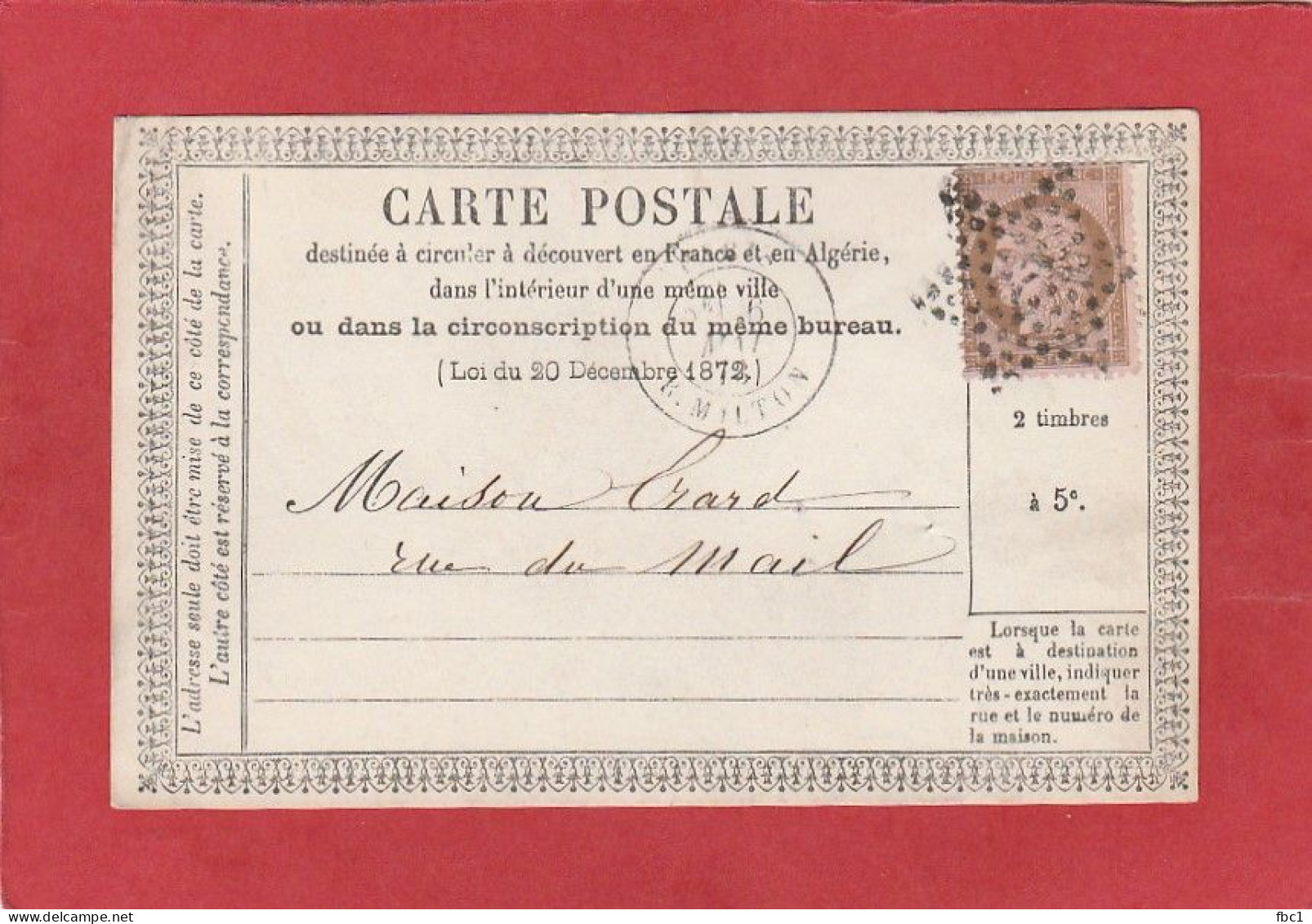 Cérès N°58 10C Sur Carte Postale N°1 -  Etoile De Paris N°2 Cachet Rue Milton - Cartes Précurseurs