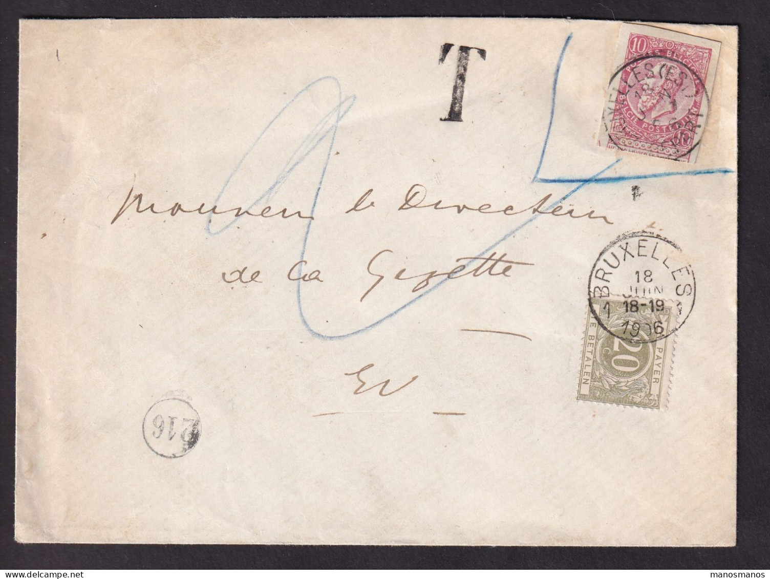 651/39 -- Enveloppe Avec Découpure Entier Postal 10 C Fine Barbe - BRUXELLES 1906 En Ville - Non Acceptée Et Taxée 20 C. - Andere & Zonder Classificatie