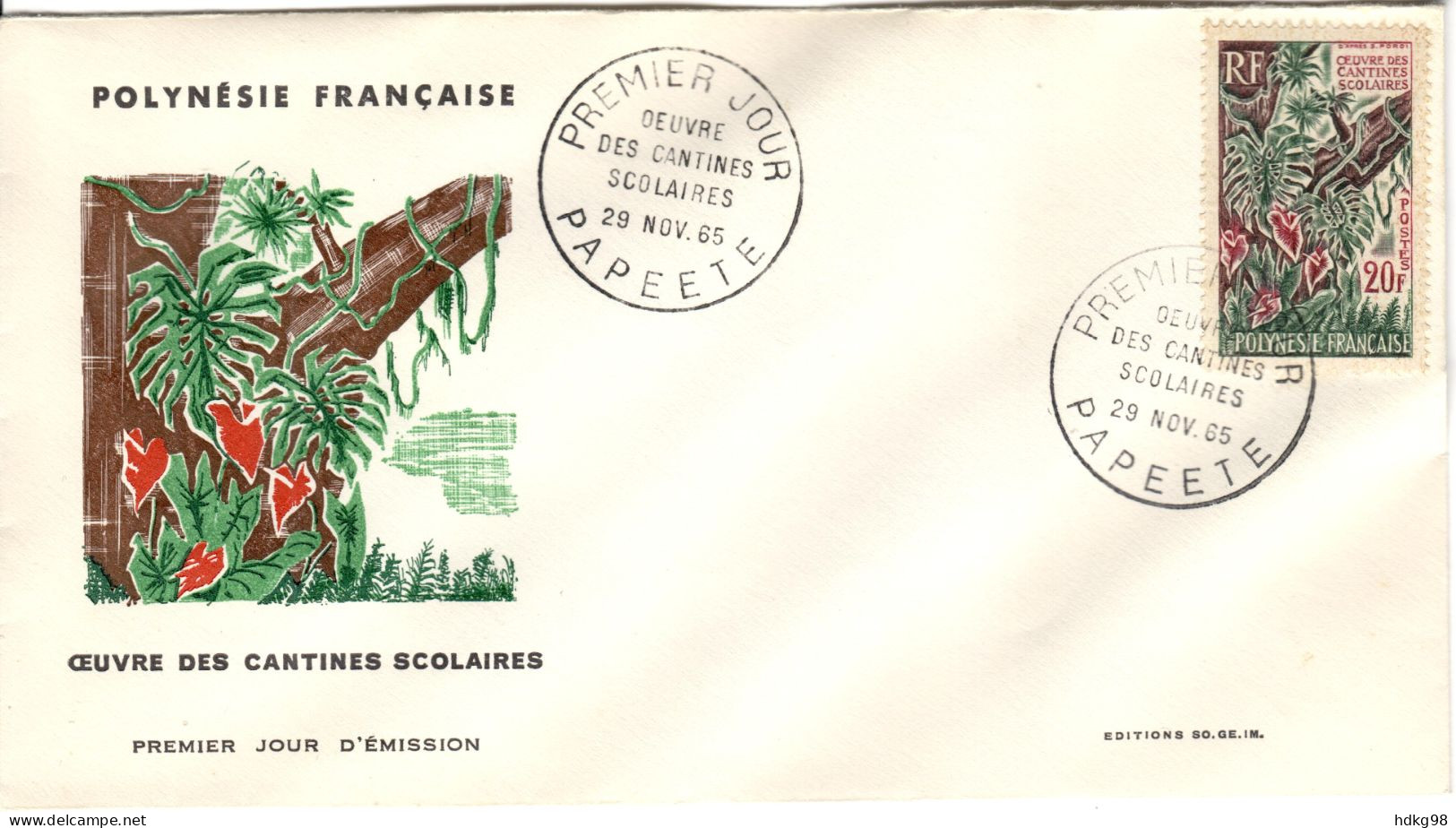 F P+ Polynesien 1965 Mi 49 FDC Schulkantinen - Cartas & Documentos