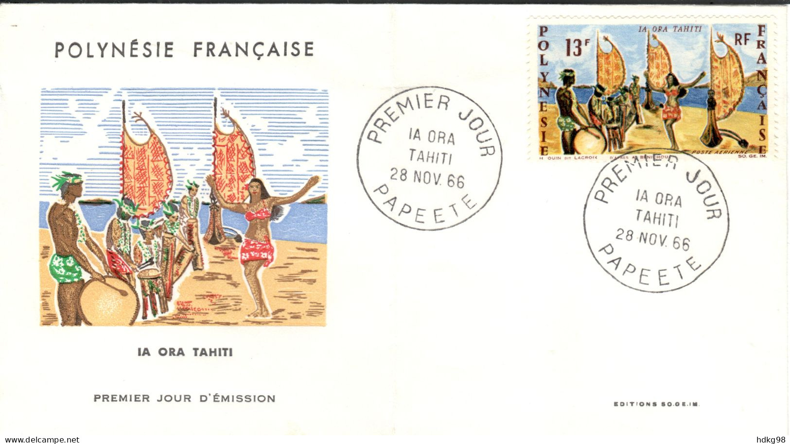 F P+ Polynesien 1966 Mi 62 FDC Io Ora Tahiti - Lettres & Documents