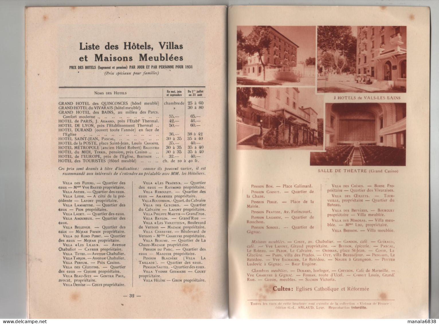Vals Les Bains 1931 Station Hydrominérale Comité Propagande Ardèche Liste Hôtels Villas Maisons Meublées - Auvergne