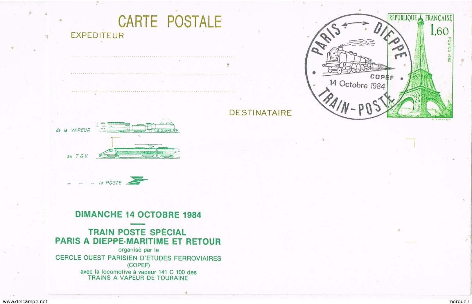 50898. Entero Postal PARIS - DIEPPE (France) 1984. Tren Ferrocarril Especial Maritime Y Vuelta - Pseudo-entiers Privés