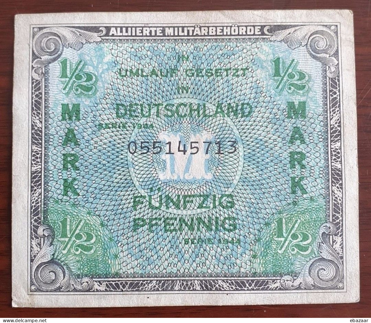 Germany 1944 Banknote Allies Occupation 1/2 Mark 50 Pfennig P-191a With Printer's Code "F"  Forbes Lithograph, Boston MA - 1/2 Mark