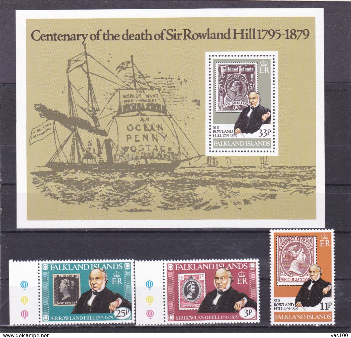 Falkland Islands 1979 Rowland Hill Death Centenary, Stamps On Stamps, Ships Set Of 3 + S/s MNH - Rowland Hill