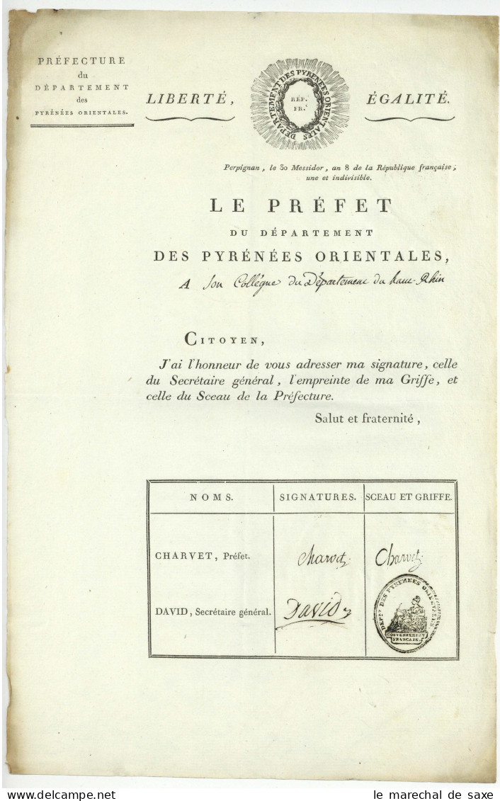 Pyrenees Orientales 1800 Charvet De Blenot (1760-1813) Premier Prefet Autographe - Documenti Storici