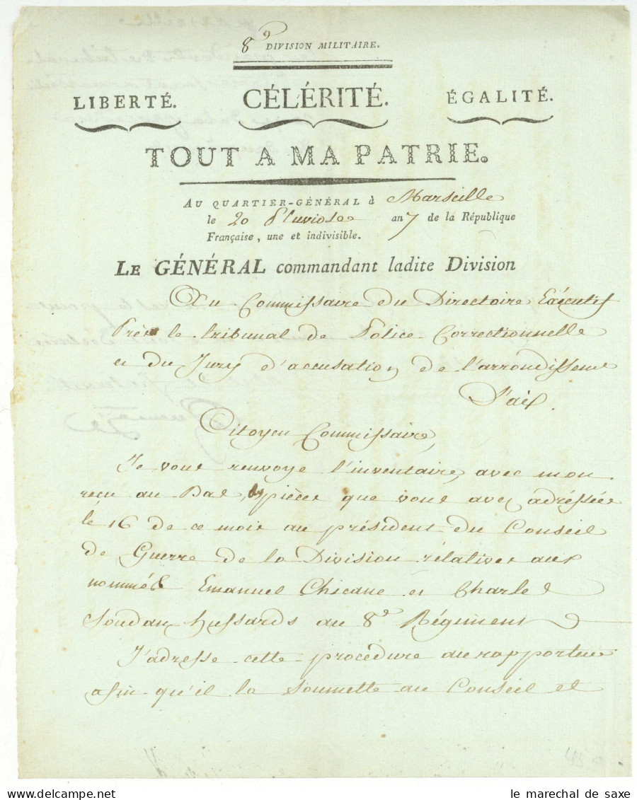 Marseille 1799 General De Revolution Pierre Quantin (1759-1824) Né A Fervaques Calvados - Documenti Storici