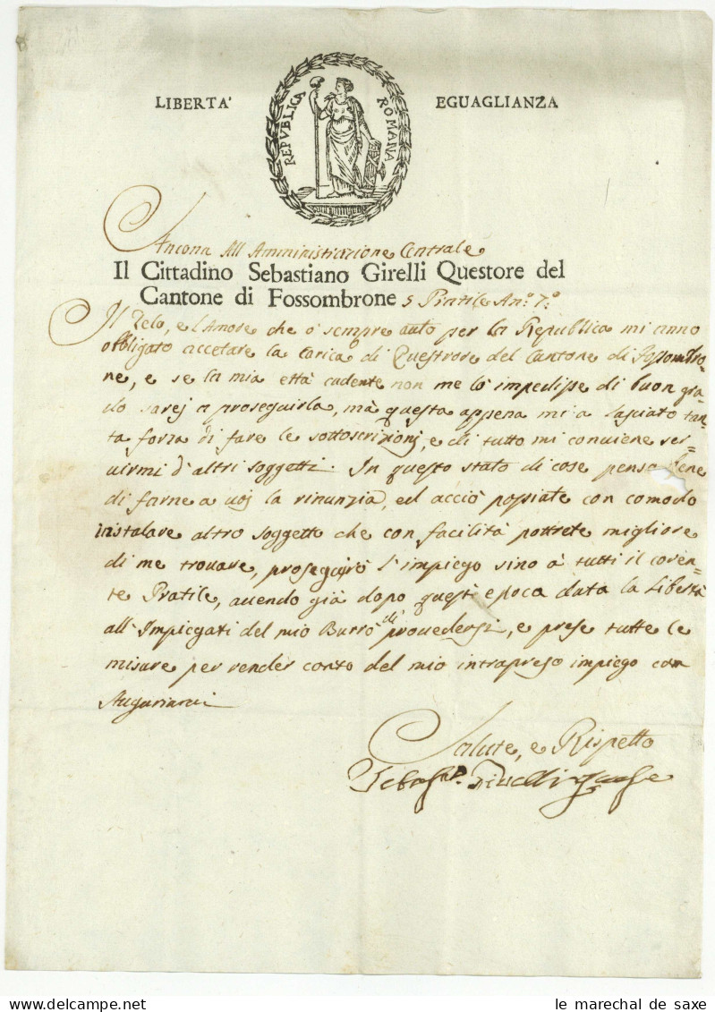 Repubblica Romana 1799 Republique Romaine Ancona Vignette - Documenti Storici