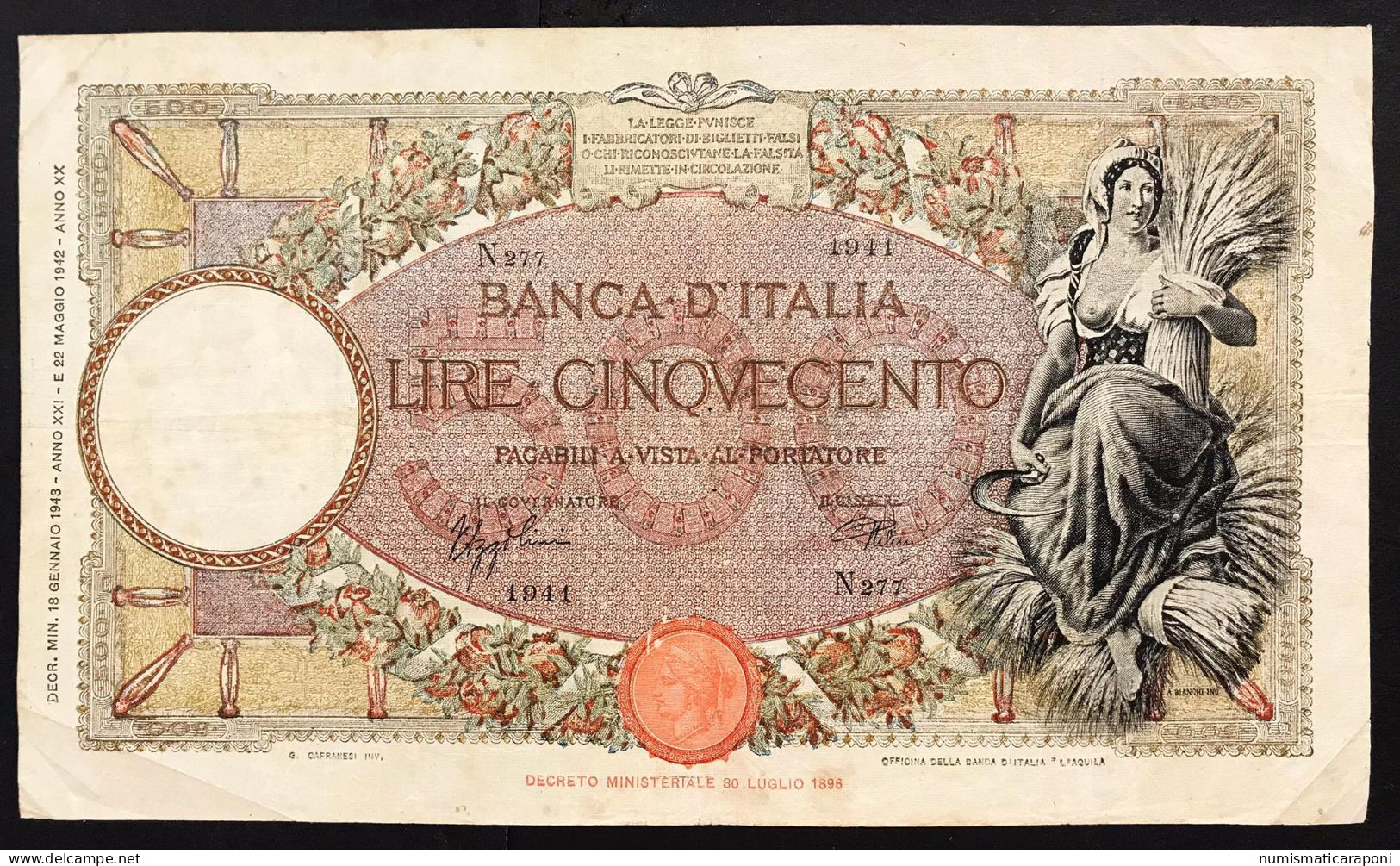 500 LIRE Mietitrice Fascio L'Aquila 18 01 1943 Rara Forellini E Macchioline LOTTO 1649 Bis - 500 Lire