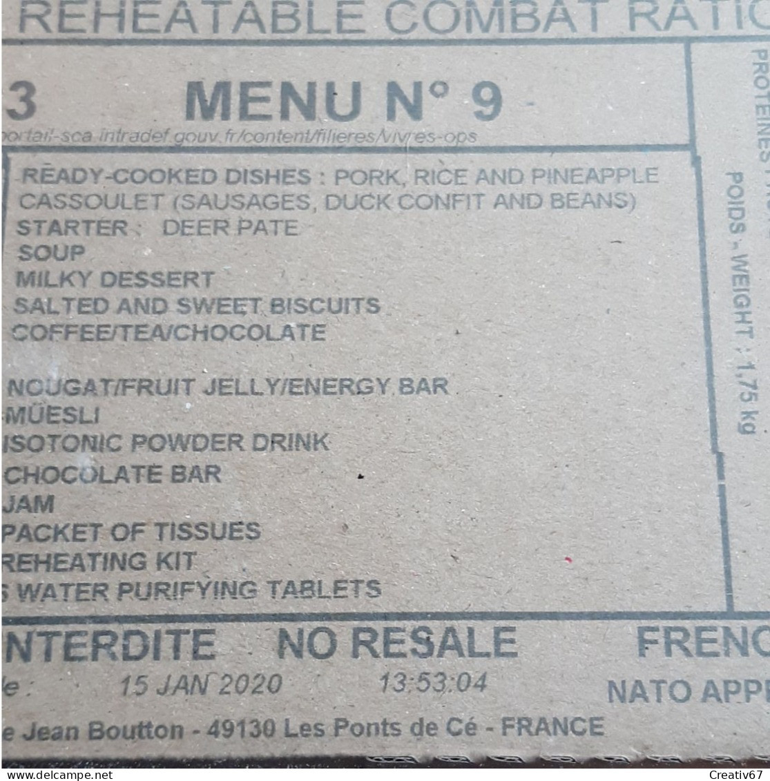 Ration Militaire Neuve Sous Blister N°9 - Equipement