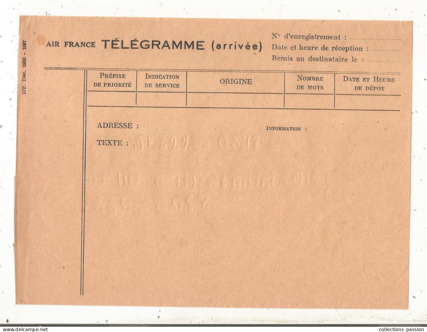TELEGRAMME, AIR FRANCE, Arrivée, 1950, 200 X 150 Mm, Frais Fr 1.65 E - Telegraph And Telephone