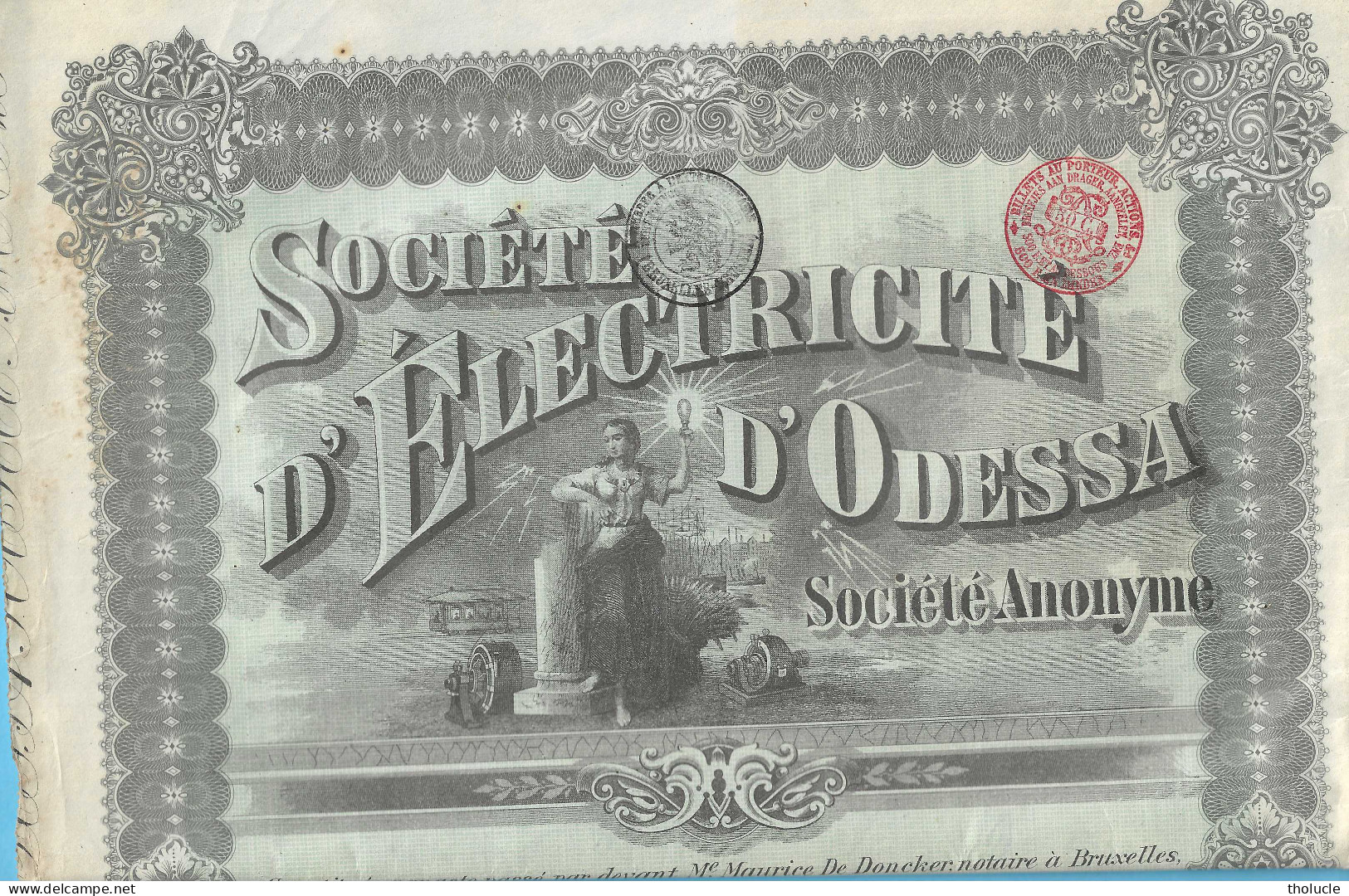 Action Illustrée-Société D'Electricité D'Odessa-Ukraine-1913-Cachet à Sec-"Commission  De La Bourse-Bruxelles"-1941 - Electricité & Gaz