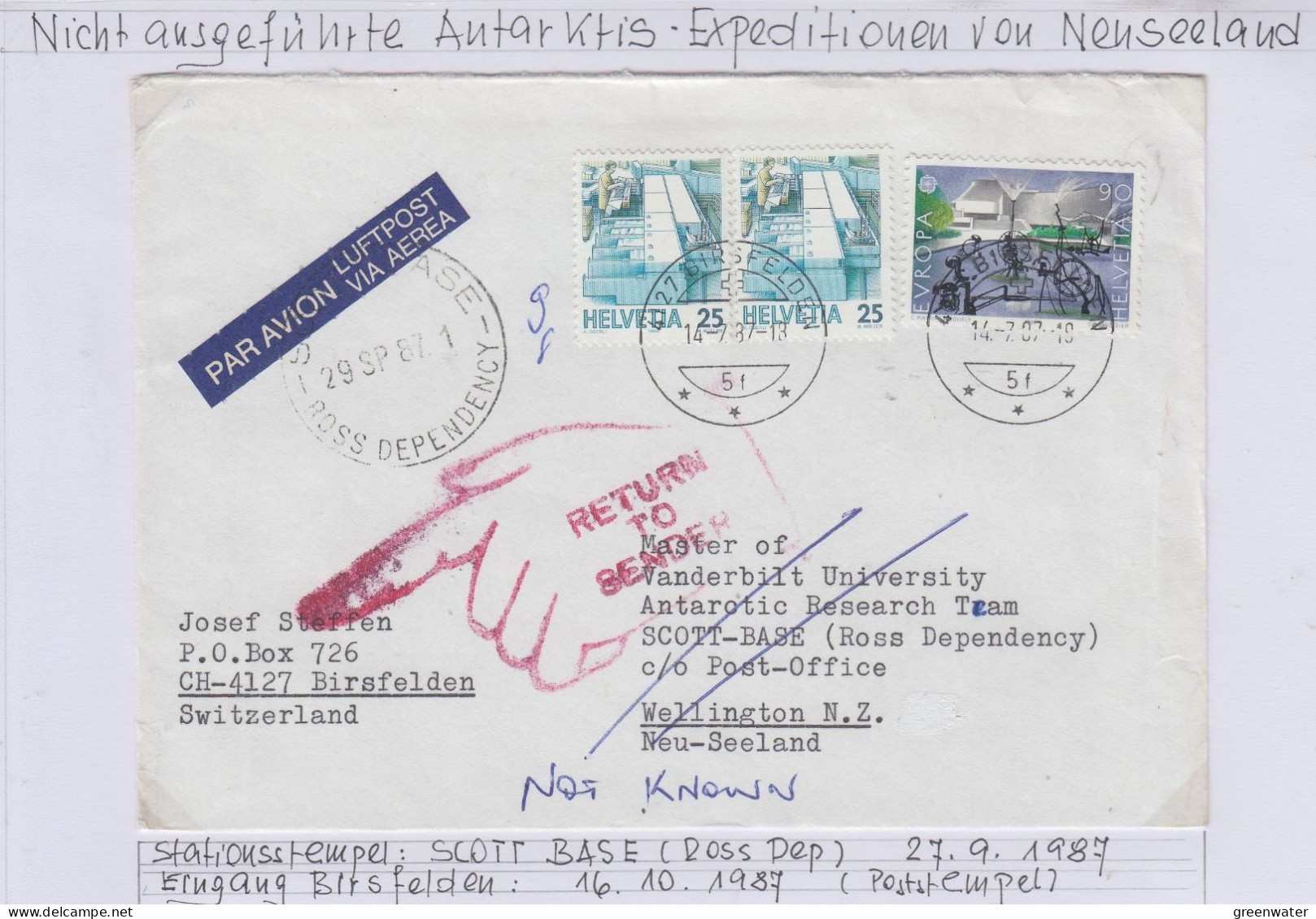 Ross Dependency Cover Send From Switzerland To Scott Base And Back Ca Scott Base 29 SEP 1987 (WB169A) - Briefe U. Dokumente