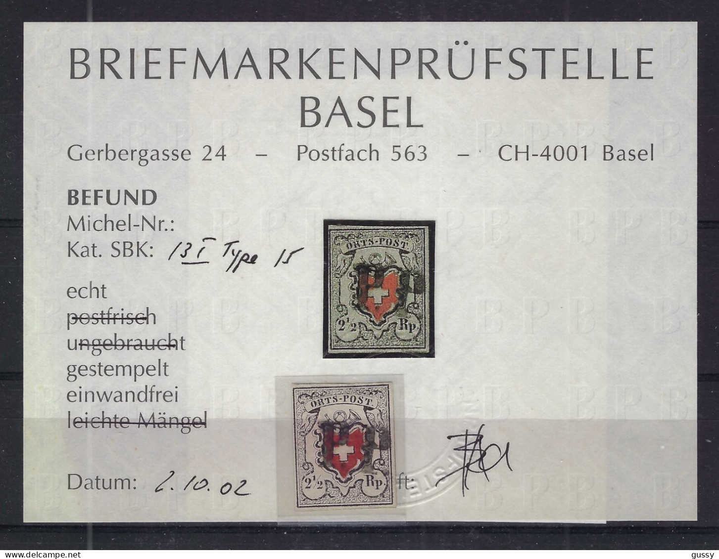 SUISSE Ca.1850: Le "2 1/2 ORTSPOST" ZNr. 13I, Sup. Obl. PP, Très Forte Cote, Attest. "Briefmarhen Prüfstelle" - 1843-1852 Kantonalmarken Und Bundesmarken