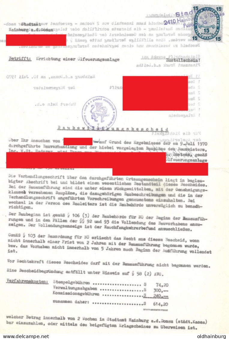 1112l: Fiskal- Beleg Behördliches Dokument 1970, 15.- ÖS Hainburg An Der Donau - Fiscaux