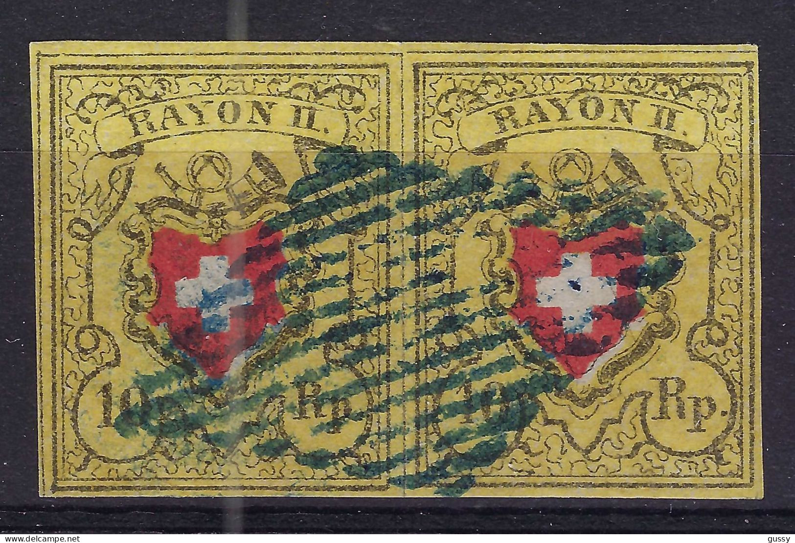 SUISSE Ca.1850: Paire De "10 Rp. Rayon II" ZNr. 16II, Sup. Obl. Grille Bleue, Qualité "LUXE", Très Forte Cote - 1843-1852 Kantonalmarken Und Bundesmarken