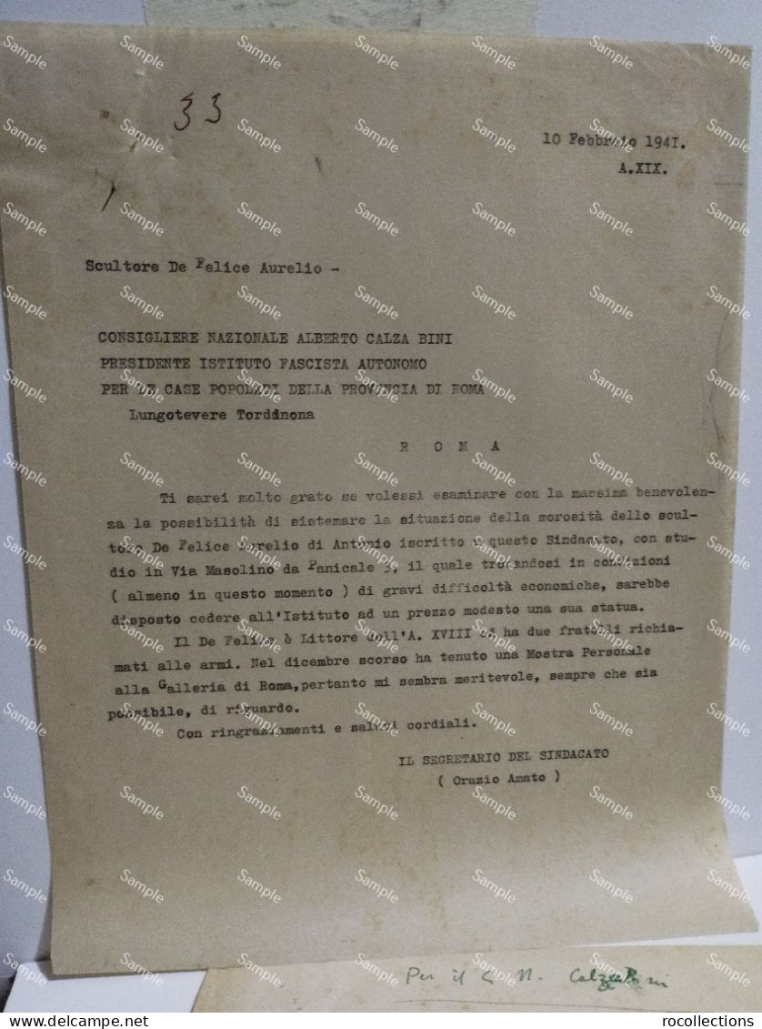 Letter Signed Lettera Firmata Dello Scultore AURELIO DE FELICE Di Torreorsina. "Gravi Difficoltò Economiche". Roma 1941 - Schilders & Beeldhouwers