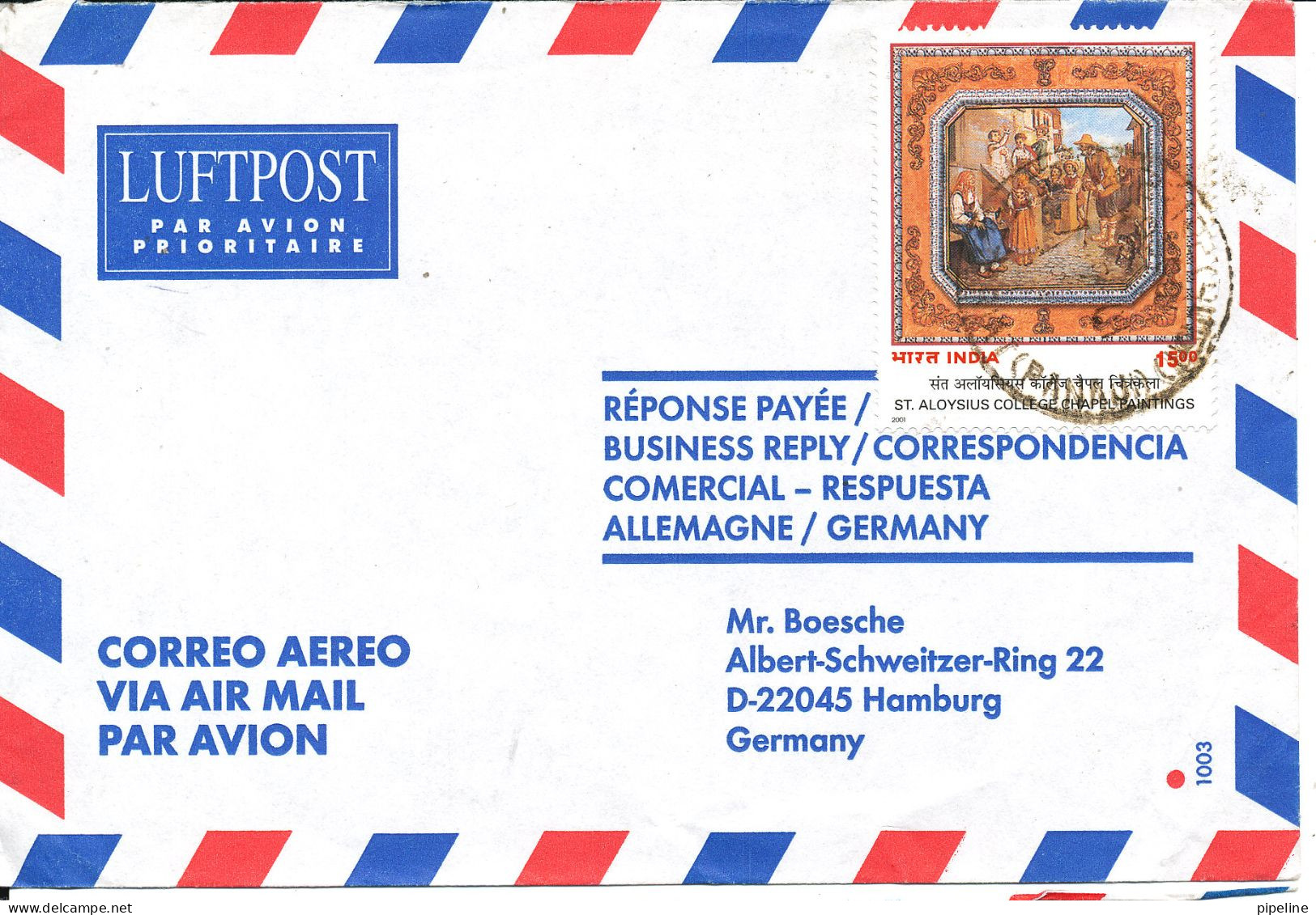 India Air Mail Cover Sent To Germany 2001 Single Franked - Luftpost