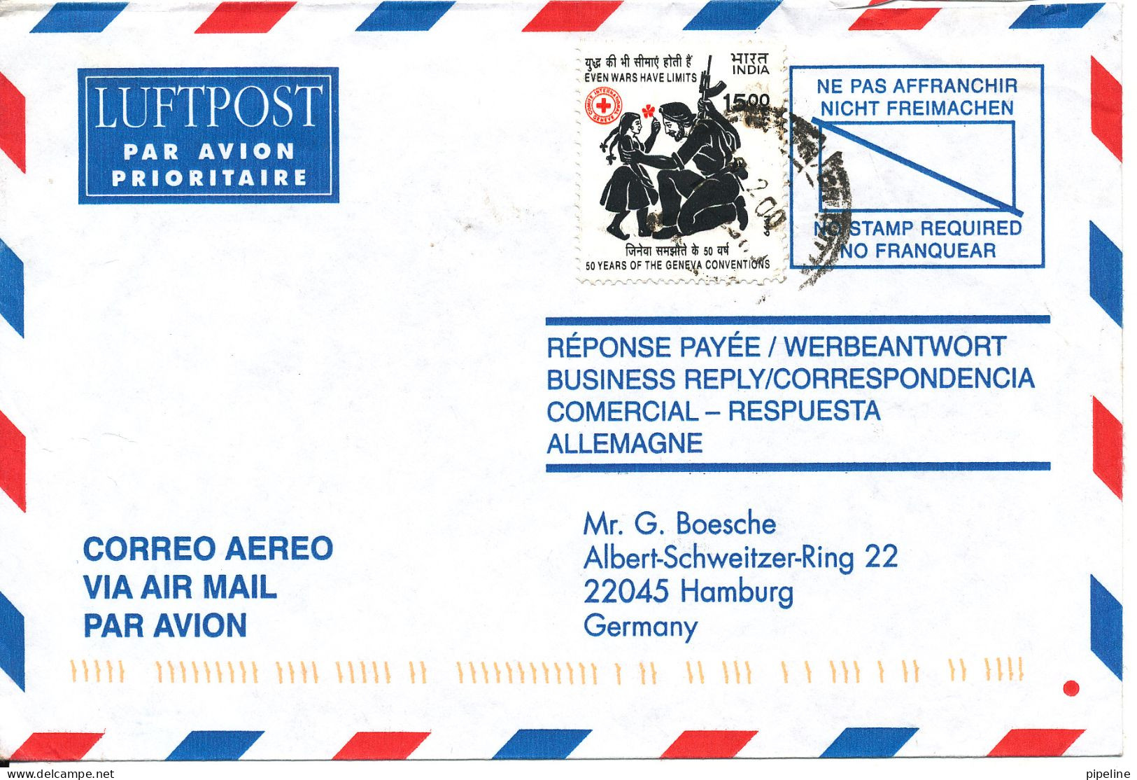 India Air Mail Cover Sent To Germany 2000 Single Franked RED CROSS - Airmail