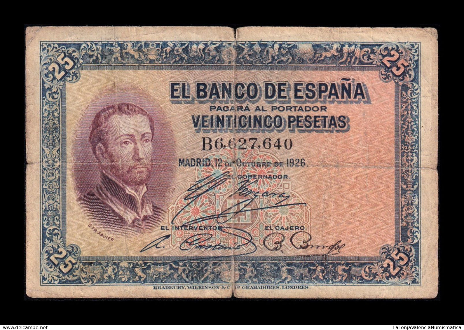 España Spain 25 Pesetas San Francisco Xavier 1926 Pick 71a Serie B Bc F - 1-2-5-25 Pesetas