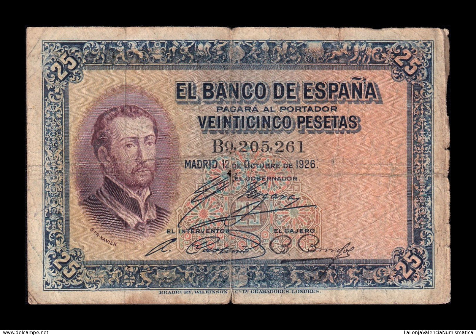 España Spain 25 Pesetas San Francisco Xavier 1926 Pick 71a Serie B Bc F - 1-2-5-25 Peseten