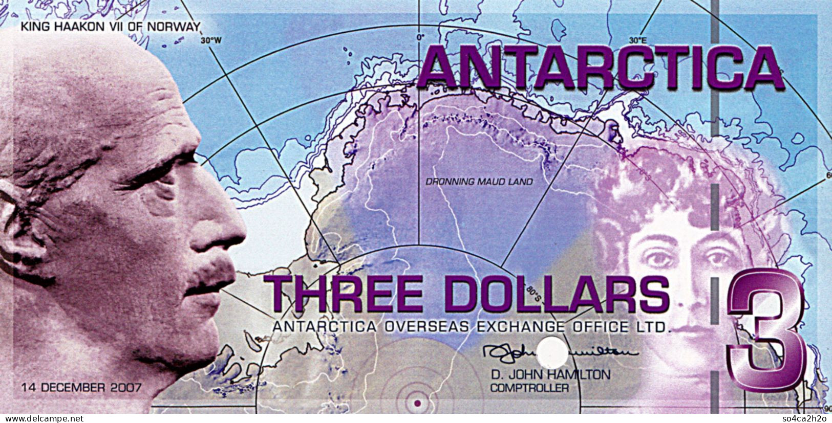 ANTARCTICA Spécimen 3 Dollars 14 Décembre 2007 POLYMER Le Roi Haakon VII De Norvège UNC - Ficción & Especímenes