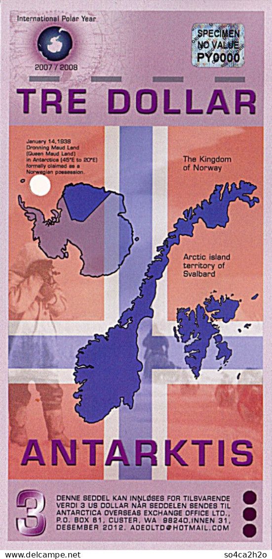 ANTARCTICA Spécimen 3 Dollars 14 Décembre 2007 POLYMER Le Roi Haakon VII De Norvège UNC - Fictifs & Spécimens