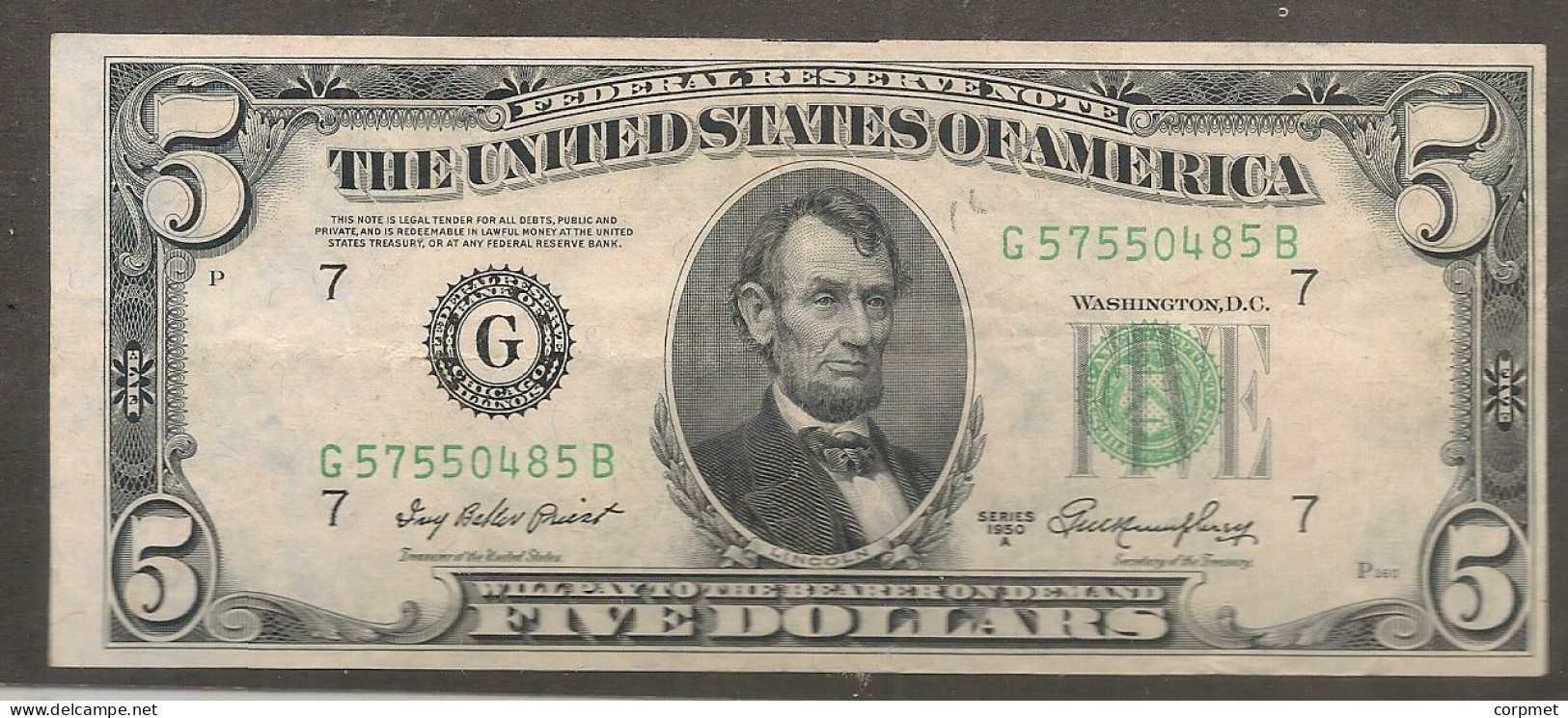 1950 A $5 DOLLAR BILL FEDERAL RESERVE NOTE - Billetes De La Reserva Federal (1928-...)