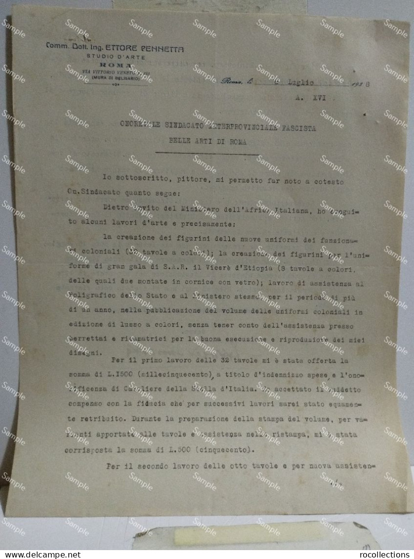 Signed Letter Lettera Firmata Artista ETTORE PENNETTA Uniformi Coloniali Africa Italiana. Roma 1938 - Schilders & Beeldhouwers