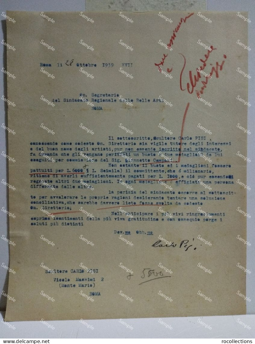 Signed Letter Lettera Firmata Scultore CARLO PISI Di Poviglio.  Roma 1939 - Pittori E Scultori