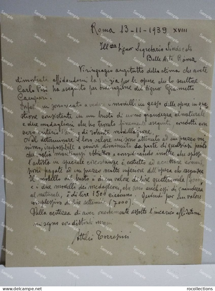 Signed Letter Lettera Firmata Scultore ATTILIO TORRESINI Di Venezia.  Perizia Opere. Roma 1939 - Maler Und Bildhauer
