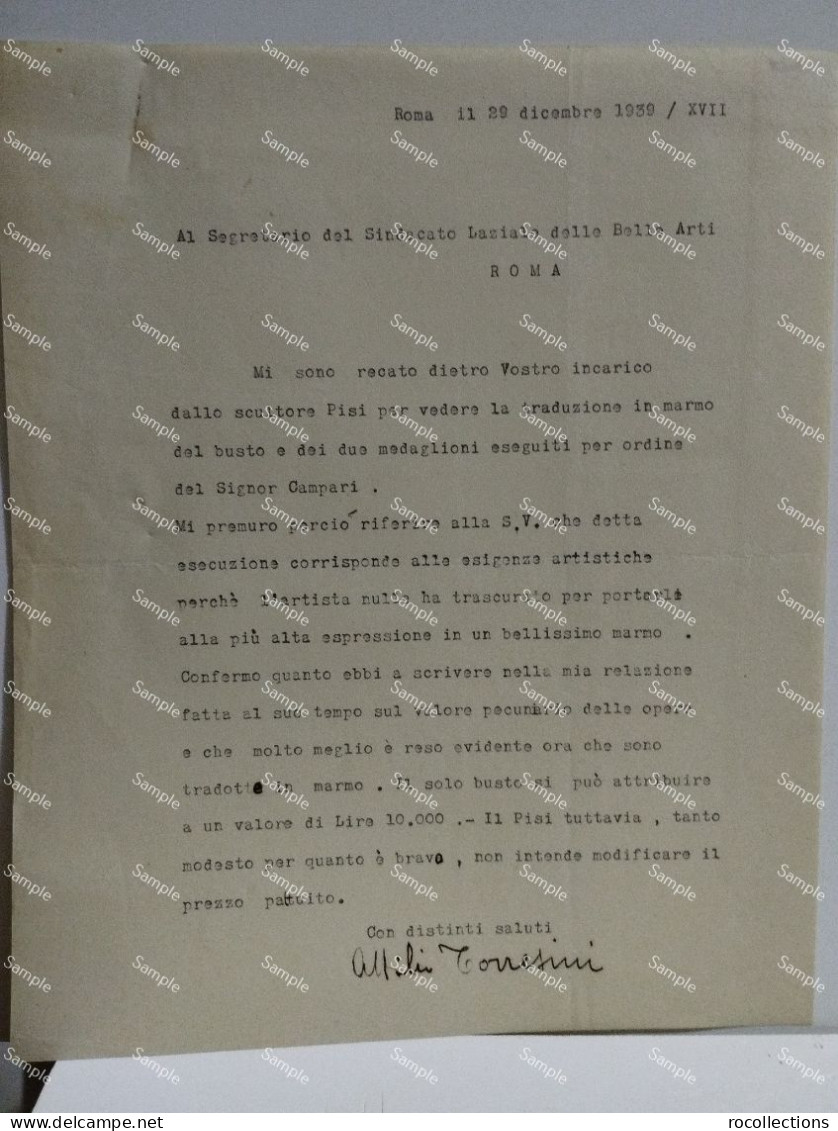 Signed Letter Lettera Firmata Scultore ATTILIO TORRESINI Di Venezia.  Perizia Opere. Roma 1939 - Schilders & Beeldhouwers