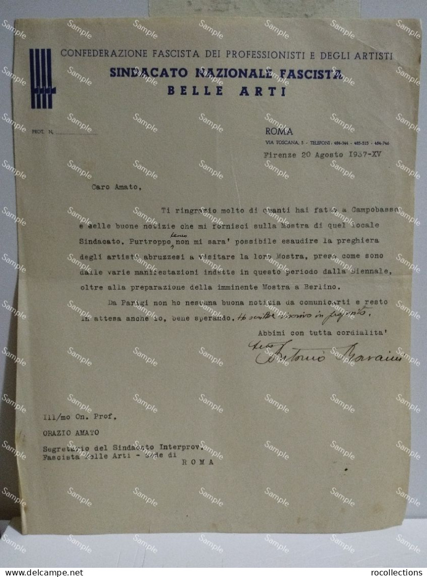 Signed Letter Lettera Firmata Scultore E Politico ANTONIO MARAINI. Firenze 1937 - Peintres & Sculpteurs