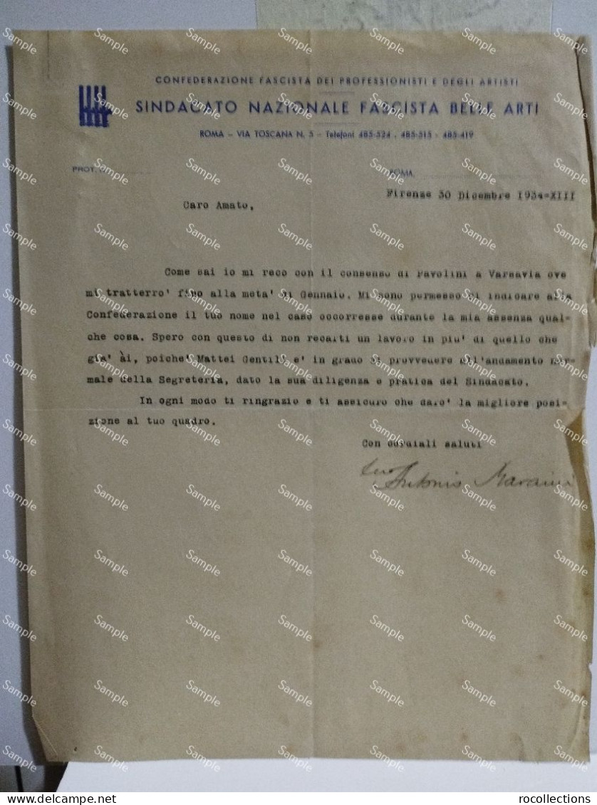 Signed Letter Lettera Firmata Scultore E Politico ANTONIO MARAINI. Firenze 1937 - Pittori E Scultori