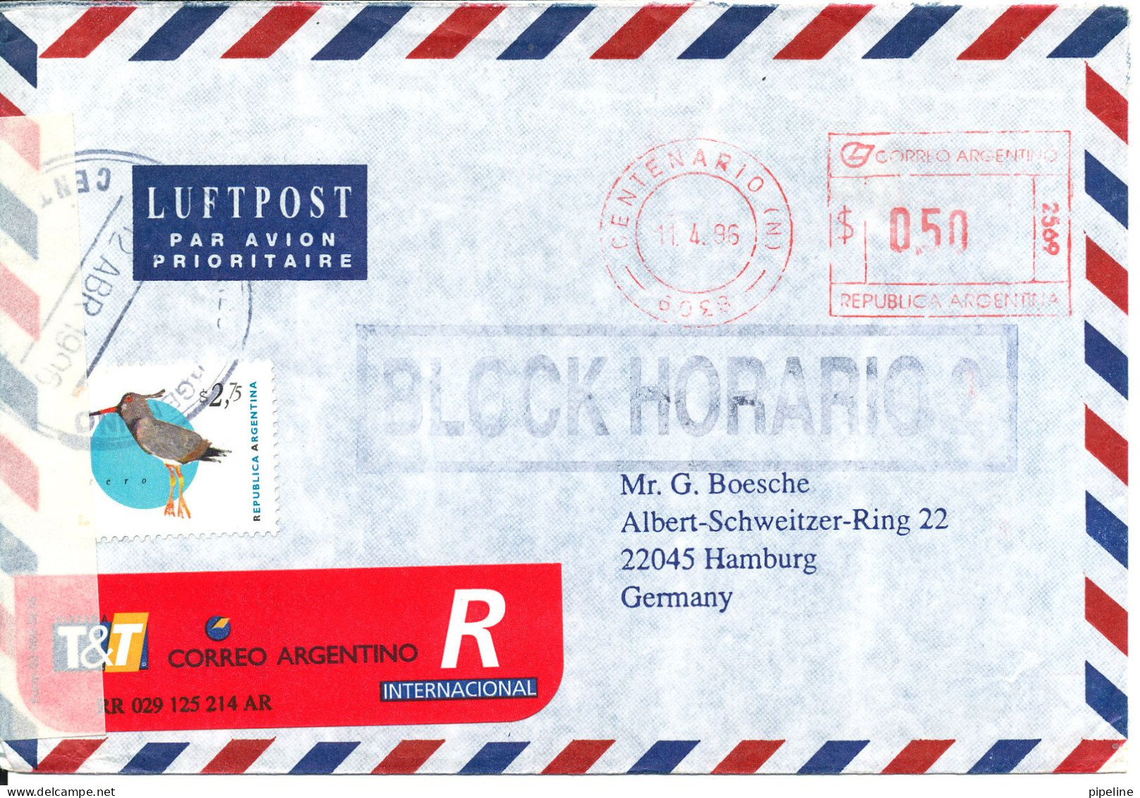 Argentina Registered Air Mail Cover With Meter Cancel And A Stamp Sent To Germany 11-4-1996 - Lettres & Documents
