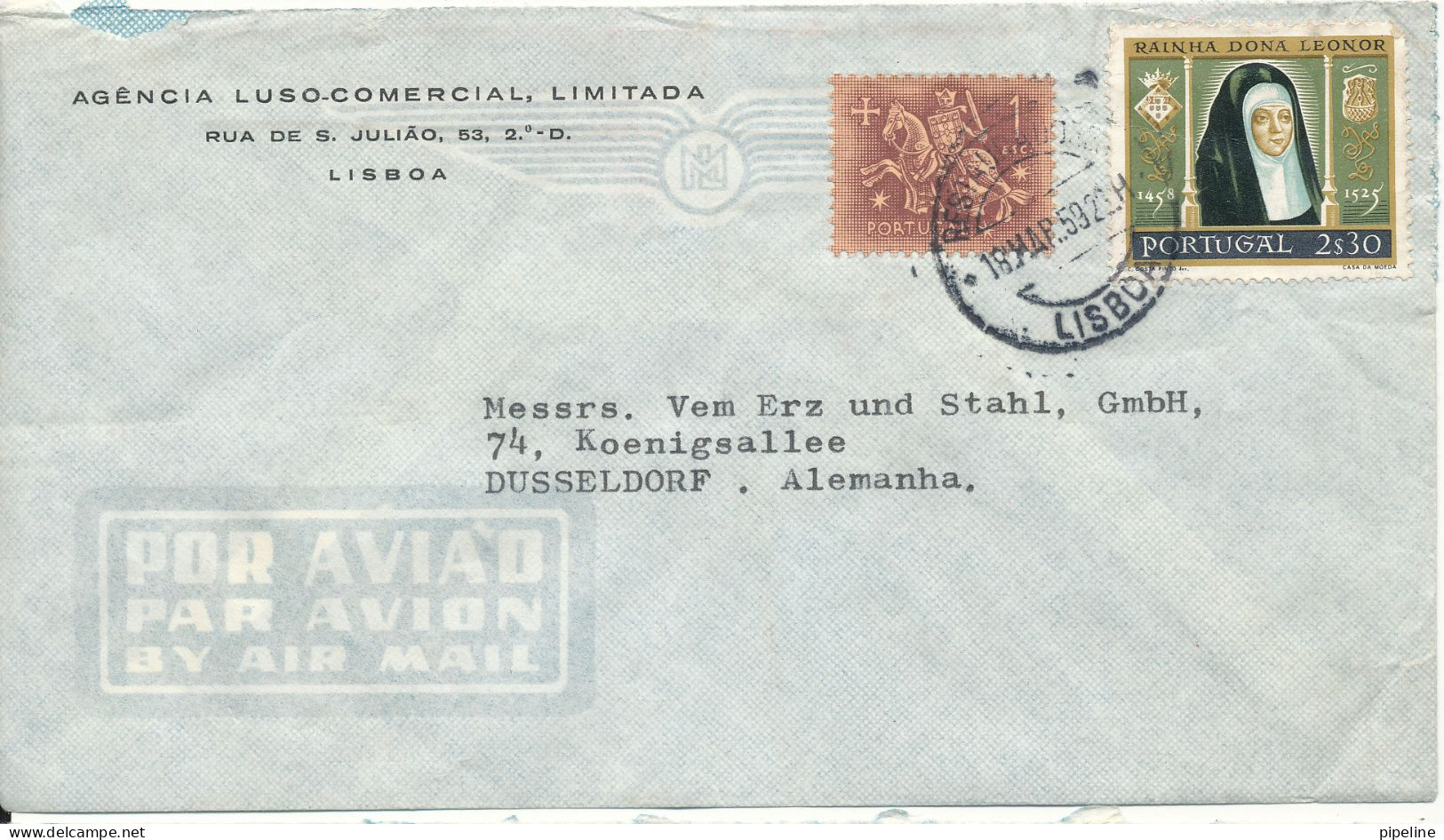 Portugal Air Mail Cover Sent To Germany 18-3-1959 - Covers & Documents