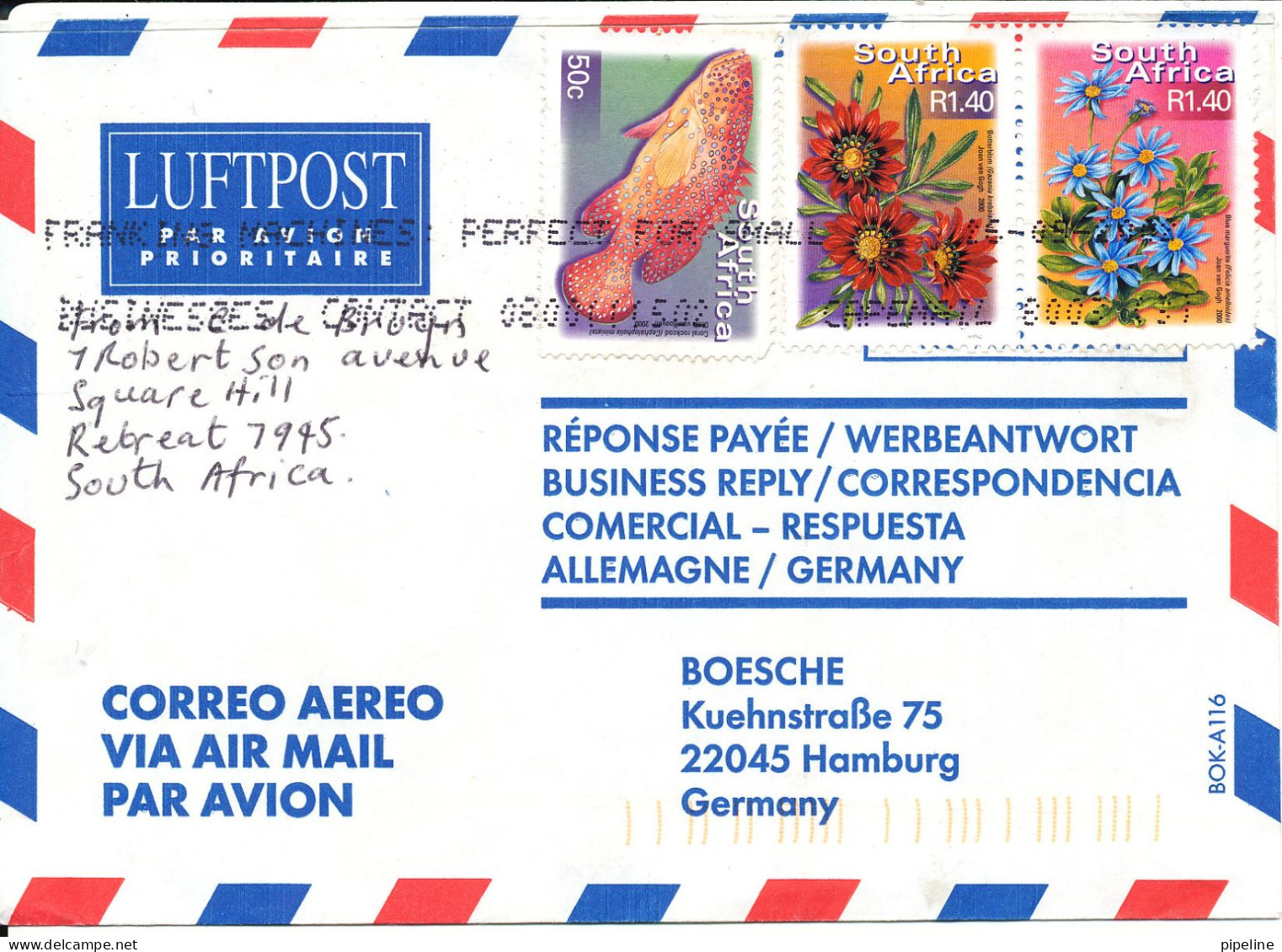 South Africa Air Mail Cover Sent To Germany 26-5-2002 FISH And FLOWERS - Luftpost