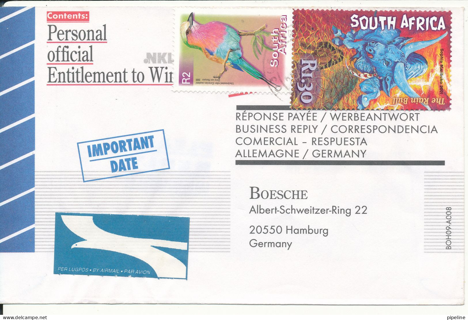 South Africa Air Mail Cover Sent To Germany BIRD - Luchtpost