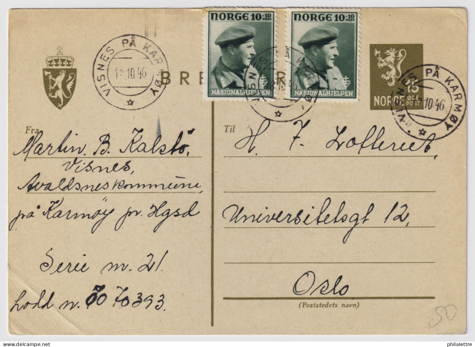 NORVÈGE / NORWAY - 1946 - 15øre Postal Card Mi.P107b Up-rated 2xFacit F347 10+10øre From VISNES PÅ KARMØY To OSLO - Postal Stationery