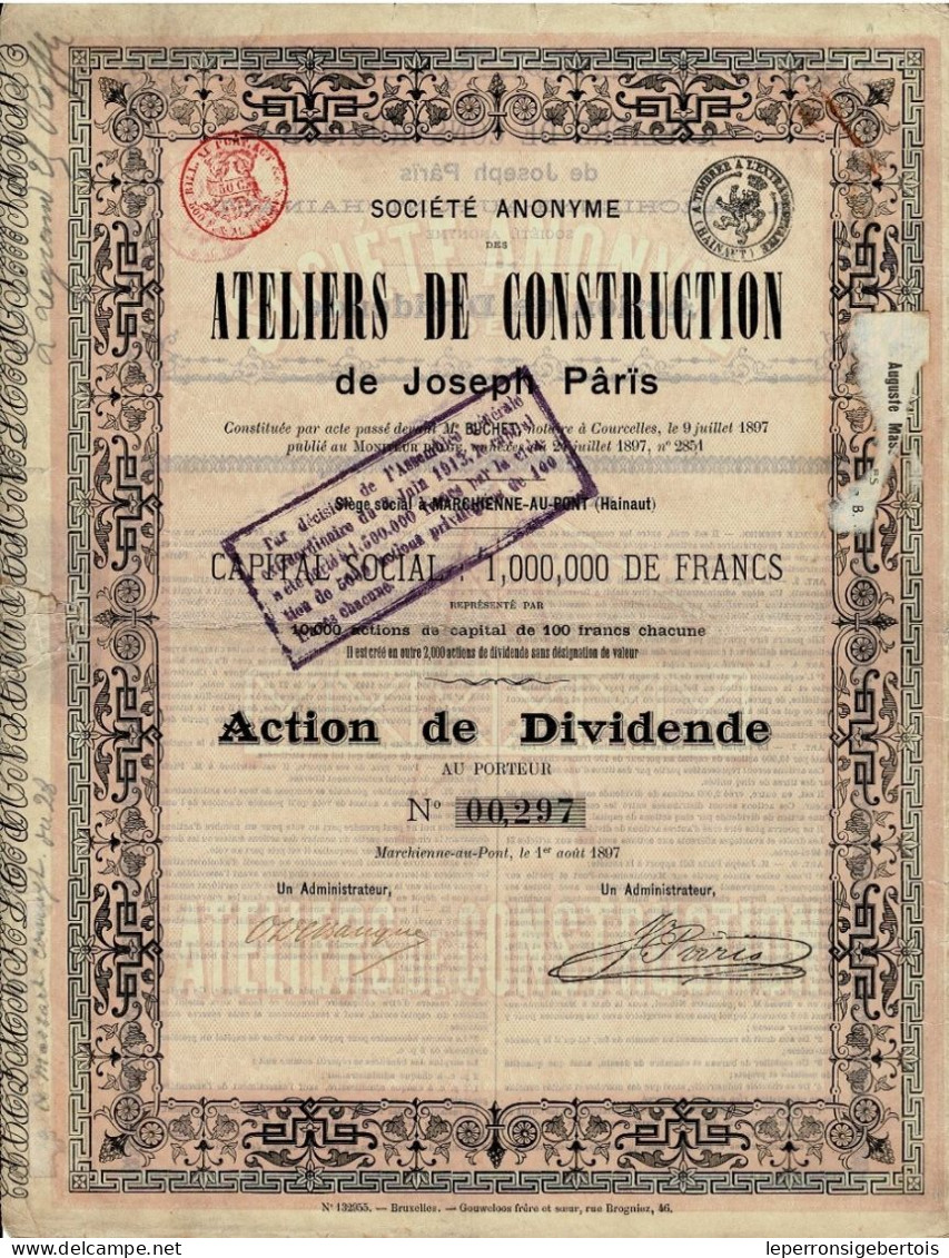 Titre De 1897- Société Anonyme Des Ateliers De Construction De Joseph Pâris - - Automovilismo